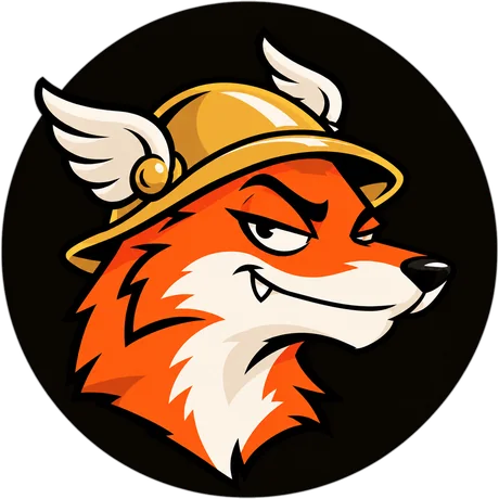 Raposa com capacete alado dourado, mascote do Ofertas do Olimpo